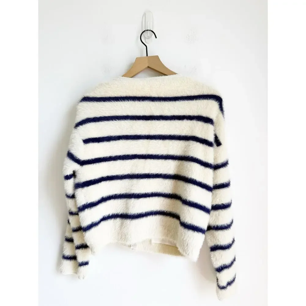 J. Crew Sweater Lady jacket in striped brushed yarn Ivory Blue Gold XS